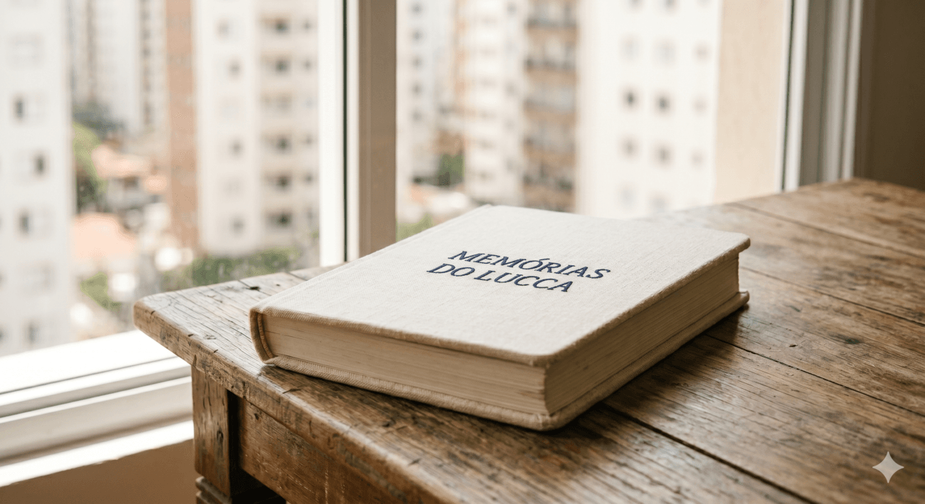 Fotografia de um livro de linho escrito: Memórias do Lucca, com iluminação natural lateral.