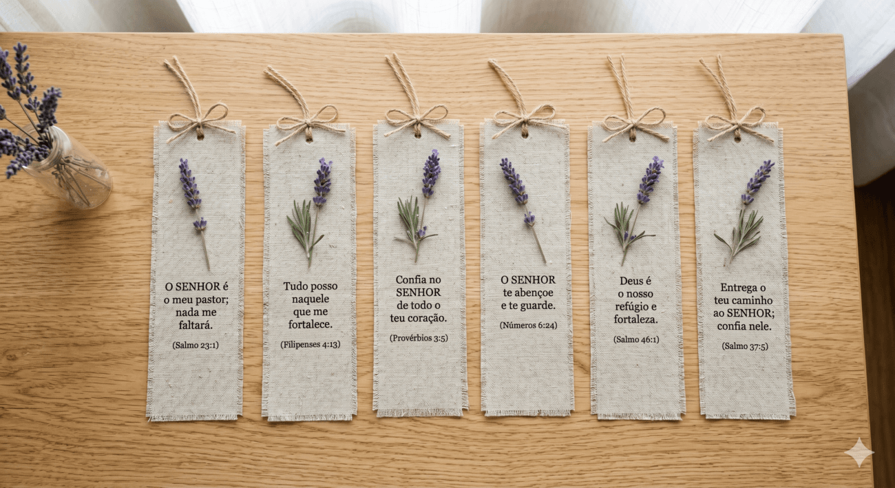 Imagem flat lay de marcadores de página feitos em linho cru com versículos bíblicos curtos impressos em preto, decorados com um pequeno ramo seco de lavanda sobre madeira clara.