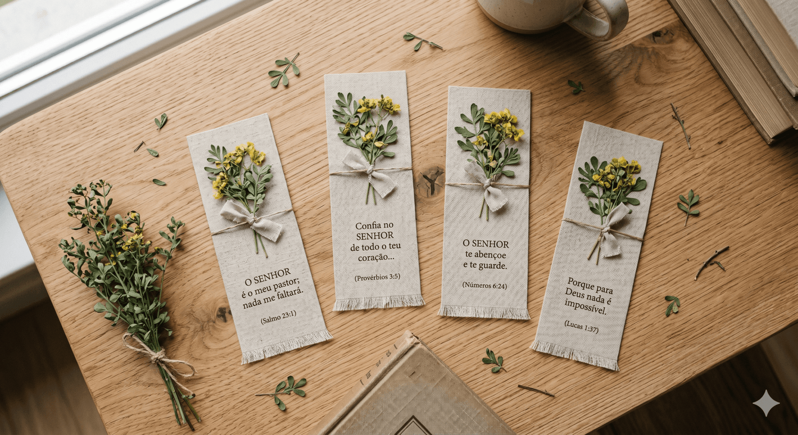  Imagem em estilo flat lay de marcadores de página em papel linho com ramos de arruda secos e versículos impressos em tipografia minimalista, sobre uma mesa de madeira clara.