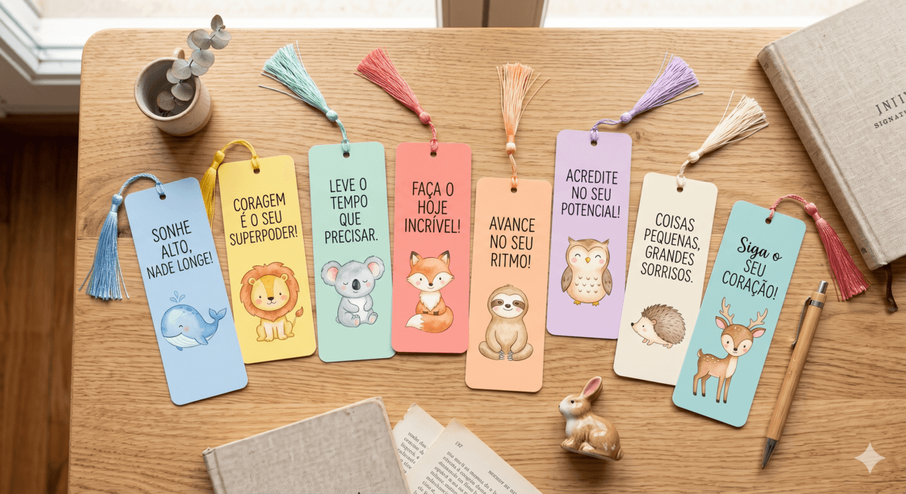 Imagem em estilo flat lay de marcadores de página em papel colorido com ilustrações fofas de animais e frases motivacionais, sobre uma mesa de madeira clara.