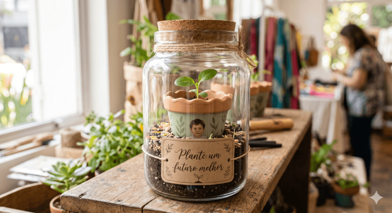 Um frasco de vidro transparente preenchido com sementes, terra e um vasinho de cerâmica fofo com uma etiqueta frontal elegante escrita "Plante um futuro melhor".