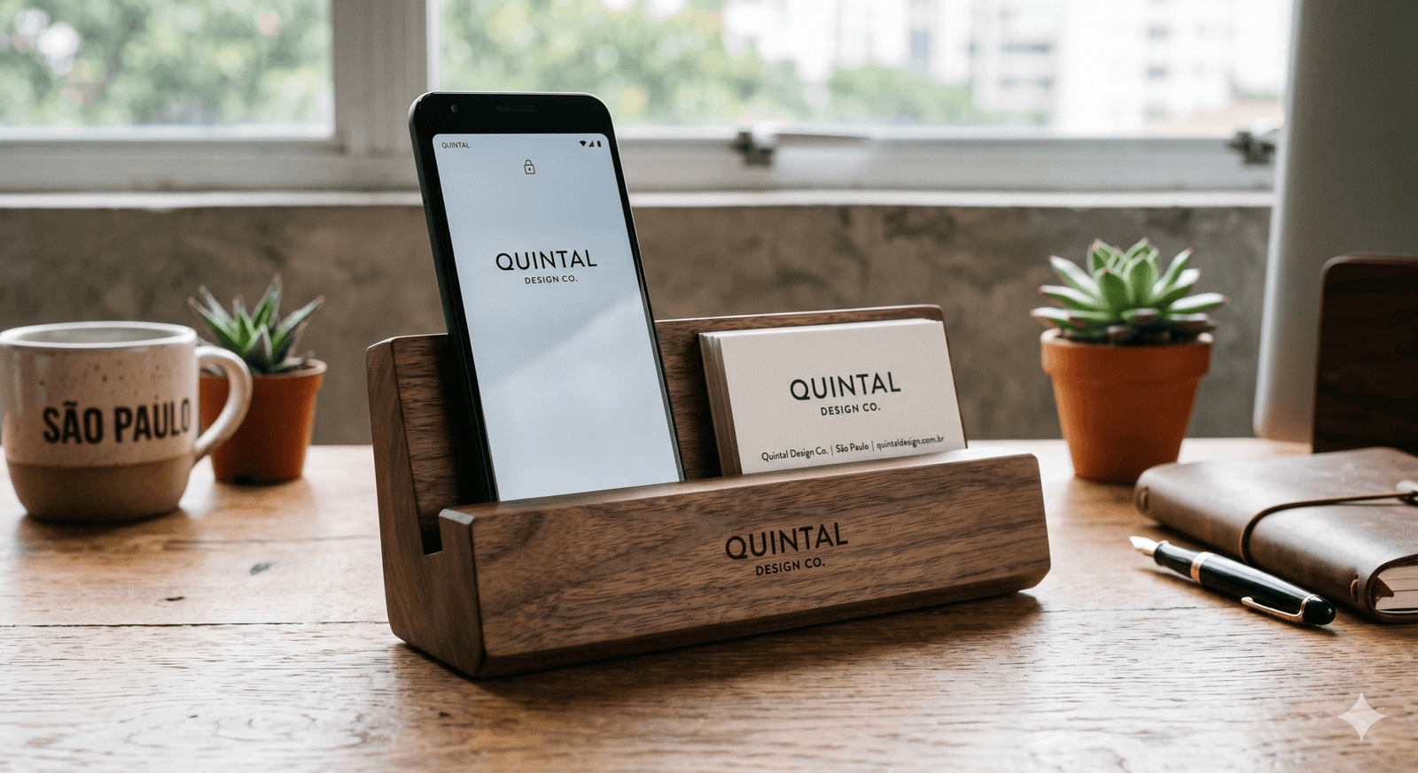 Imagem de um suporte de mesa para celular e cartões feito em madeira maciça, com o logotipo da empresa gravado a laser de forma minimalista.