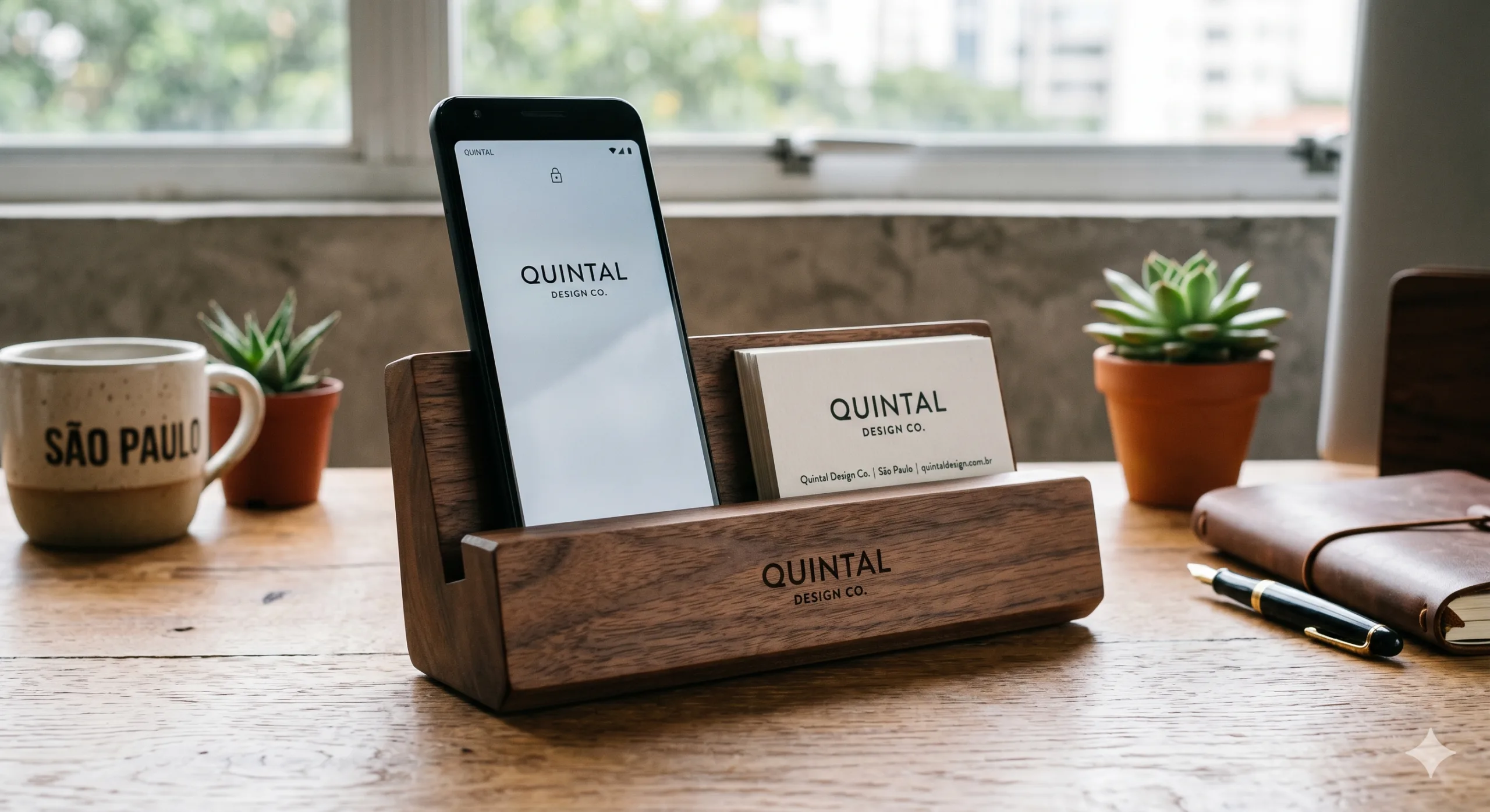 Imagem de um suporte de mesa para celular e cartões feito em madeira maciça, com o logotipo da empresa gravado a laser de forma minimalista.
