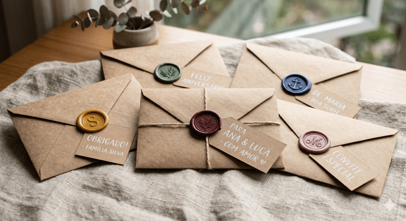 Imagem focada em envelopes de papel kraft com lacre de cera e tags personalizadas, dispostos sobre uma superfície de linho cru com iluminação natural.
