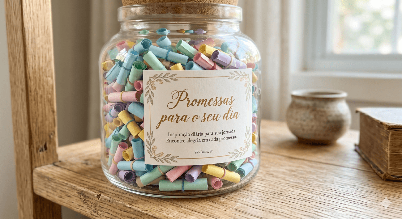 Um frasco de vidro transparente preenchido com pequenos rolinhos de papel coloridos (tons pastéis), com uma etiqueta frontal elegante escrita "Promessas para o seu dia".