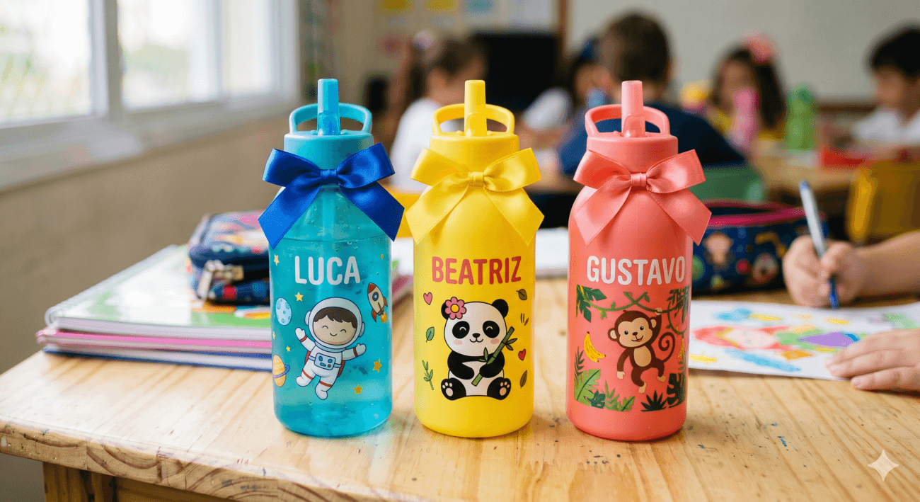 Close-up de squeeze de plástico em cores vibrantes com o nome de cada aluno e desenhos fofos de personagens, decoradas com um laço de fita de cetim.