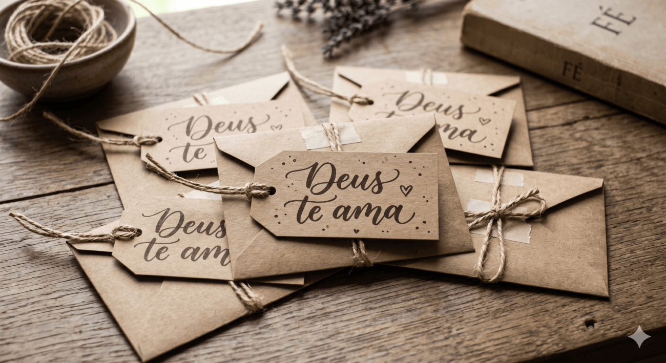 Fotografia focada em várias tags de papel kraft com a frase "Deus te ama" escrita à mão em caligrafia elegante, amarradas com corda de sisal em pequenos envelopes.