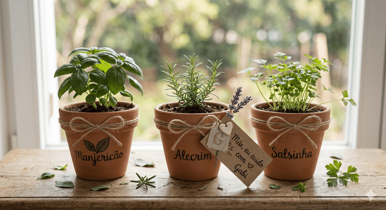 Close-up de pequenos potes de cerâmica com mudas de temperos, envolvidos em juta e com uma tag personalizada com a letra da criança.