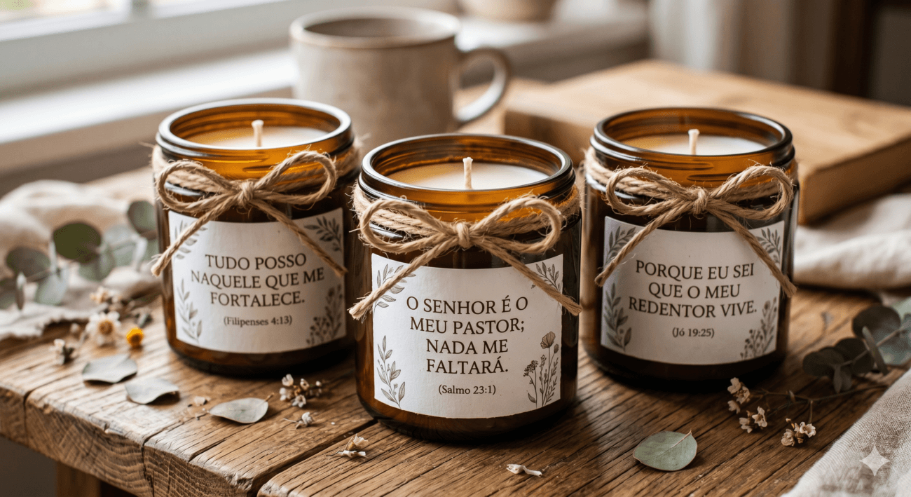 Close-up de velas em potes de vidro âmbar com rótulos brancos contendo frases bíblicas, decoradas com um laço de corda de sisal.