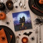 Modelo de guardanapo de papel Halloween com abóboras iluminadas e visual elegante para decoração temática.