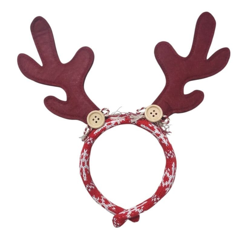 Tiara de rena natalina com chifres, botões decorativos e acabamento costurado estilo farm house. Mede aproximadamente 26x25cm.