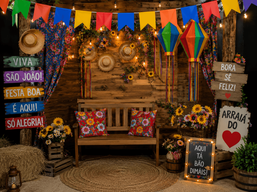 Ambiente junino decorado com fardos de palha, caixotes de madeira, espantalhos e cercas decorativas.