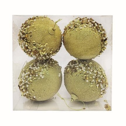 Bola natalina de 10 cm em plástico resistente, com acabamento sofisticado, glitter e delicadas aplicações decorativas.