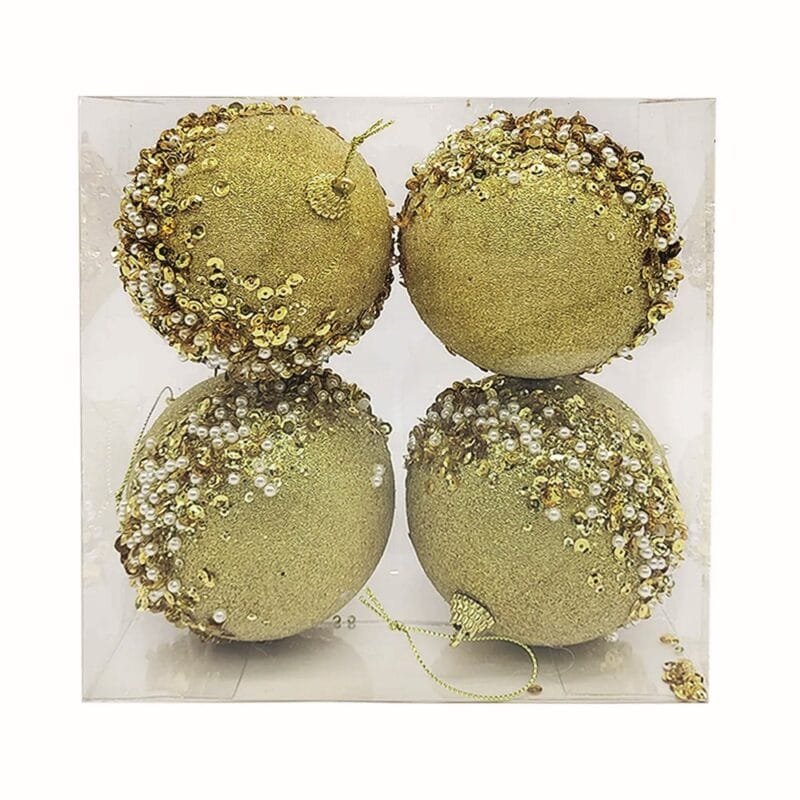 Bola natalina de 10 cm em plástico resistente, com acabamento sofisticado, glitter e delicadas aplicações decorativas.