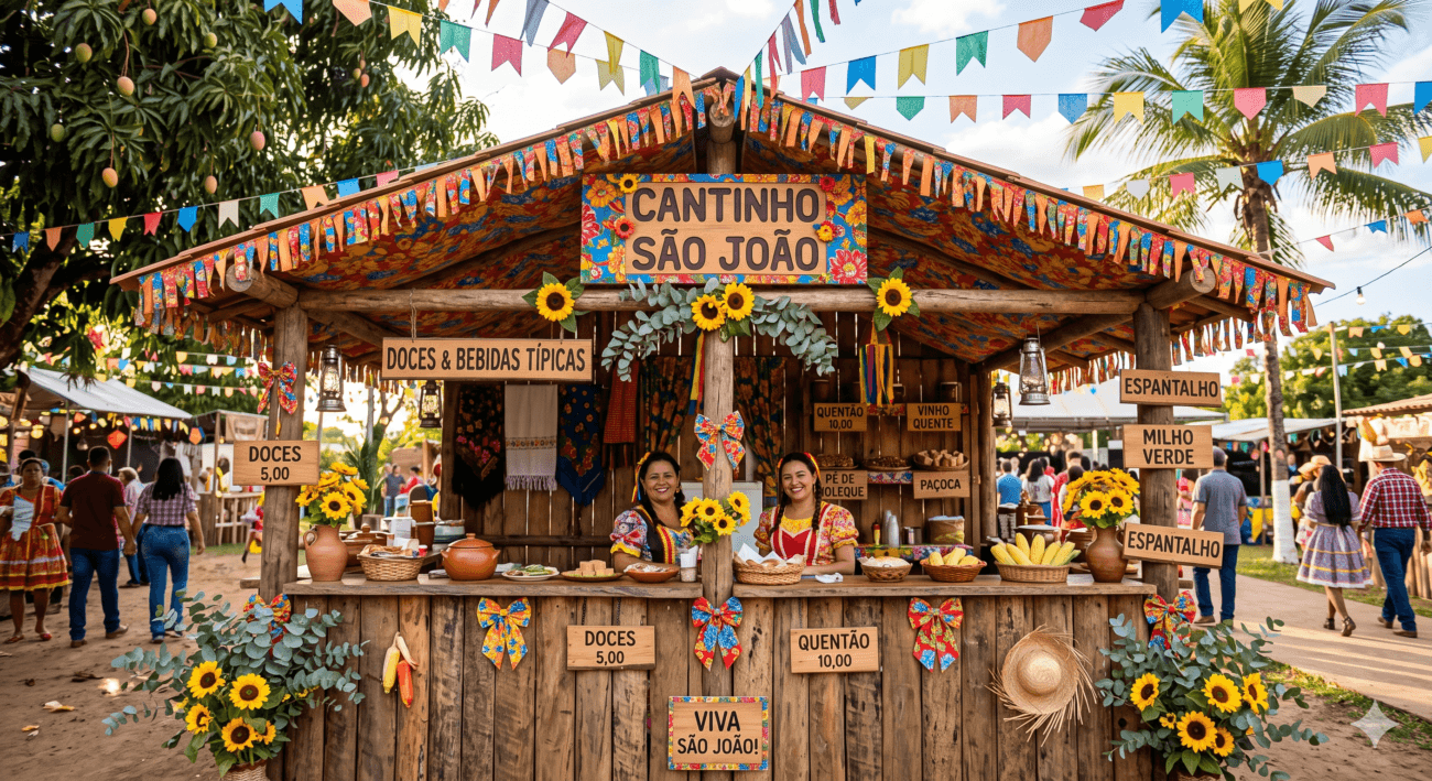 Barraquinha de festa junina feita com estrutura de madeira e telhado revestido com tecido chita, decorada com bandeirinhas e girassóis.
