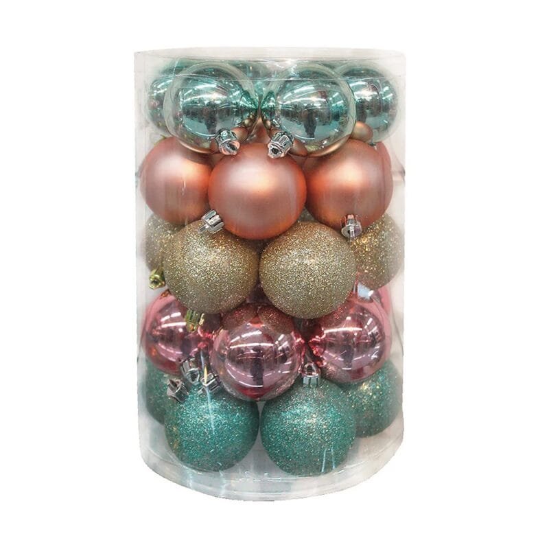 Kit com 30 bolas decorativas em Verde Tiffany, Rose Gold e Dourado, com acabamentos brilhante, fosco e glitter para árvores de Natal sofisticadas.