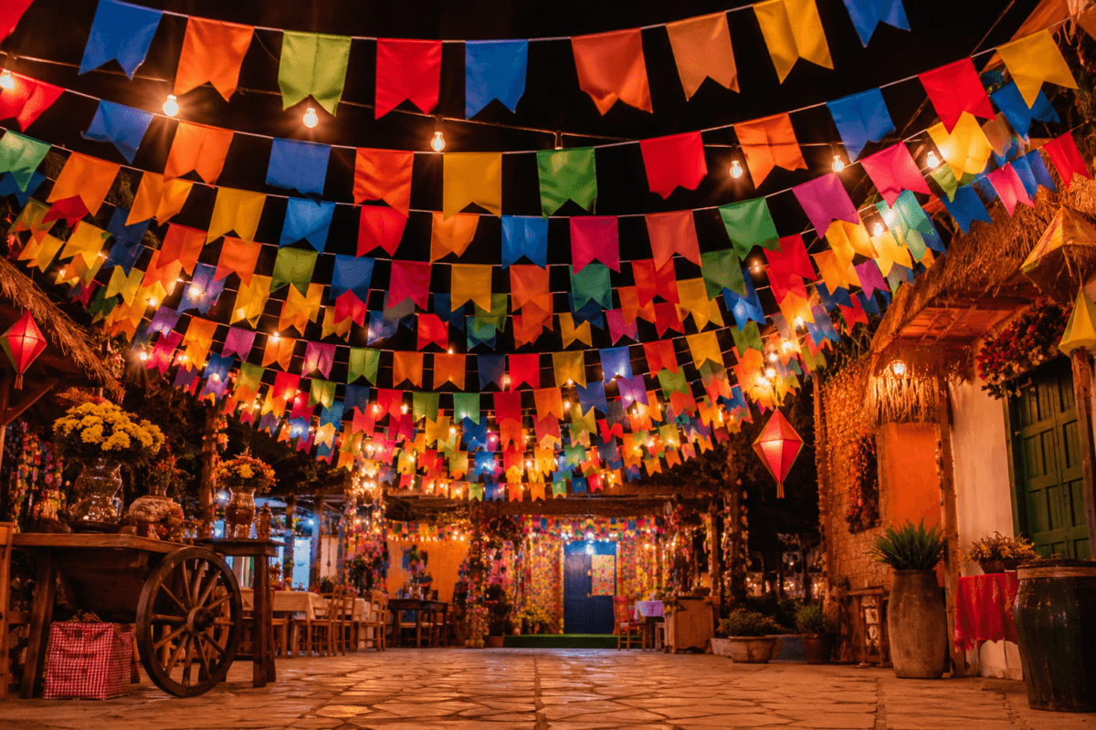 Cenário repleto de bandeirinhas coloridas penduradas em cordões, criando um ambiente alegre e tradicional para festa junina.