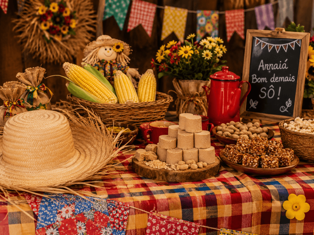 Mesa junina com toalha xadrez, chapéu de palha, paçoca, pé de moleque, milho e decoração rústica.