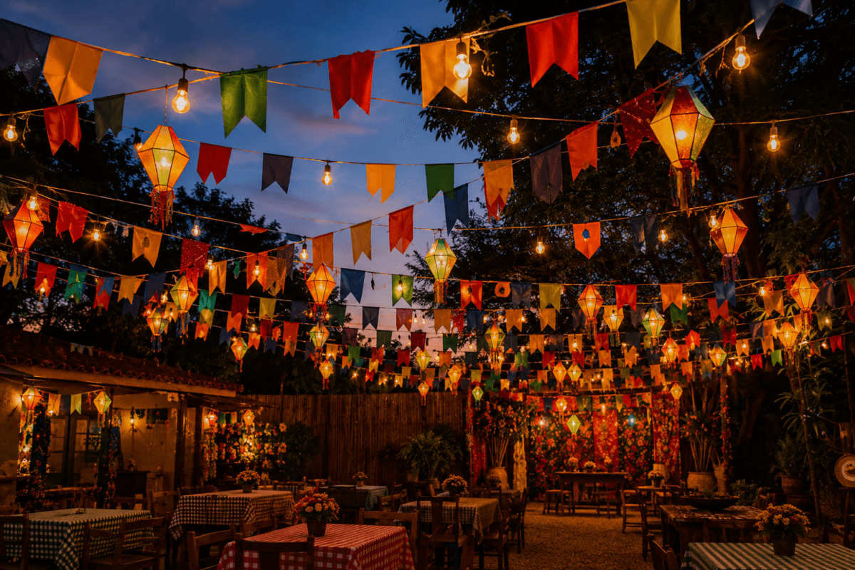 Festa junina ao entardecer com cordões de luz, lanternas decorativas e clima acolhedor para os convidados.