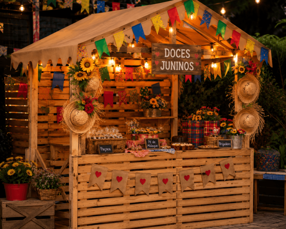 Estrutura feita com paletes de madeira formando balcão rústico com decoração junina e iluminação quente.