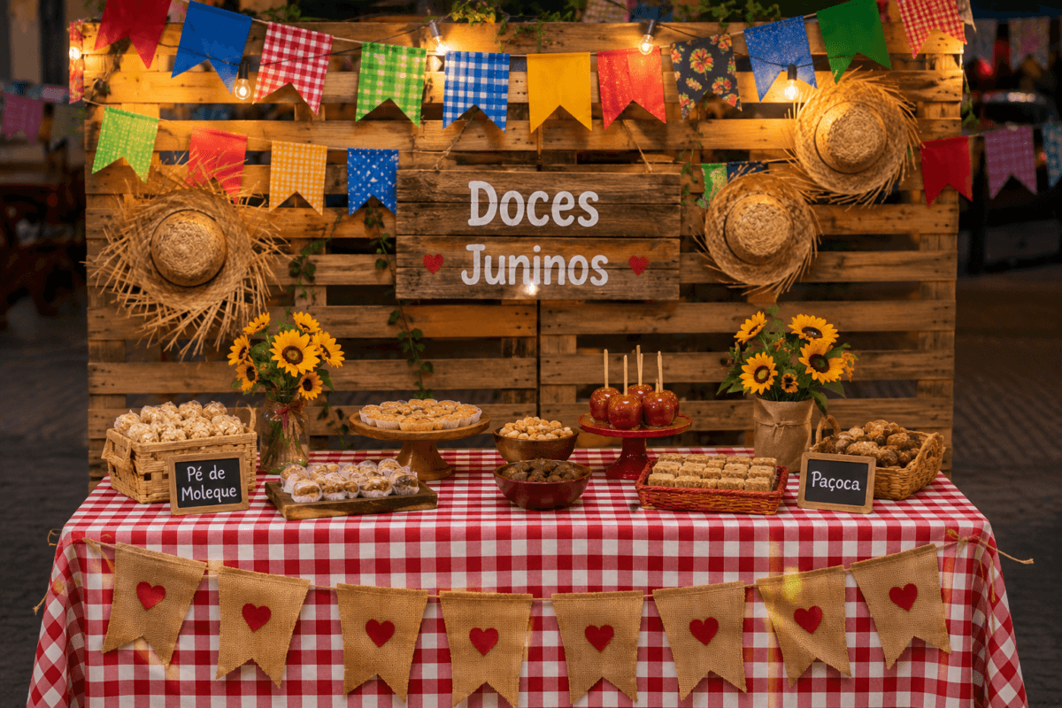 Mesa coberta com tecido xadrez, bandeirinhas coloridas e doces típicos organizados de forma criativa em ambiente festivo.