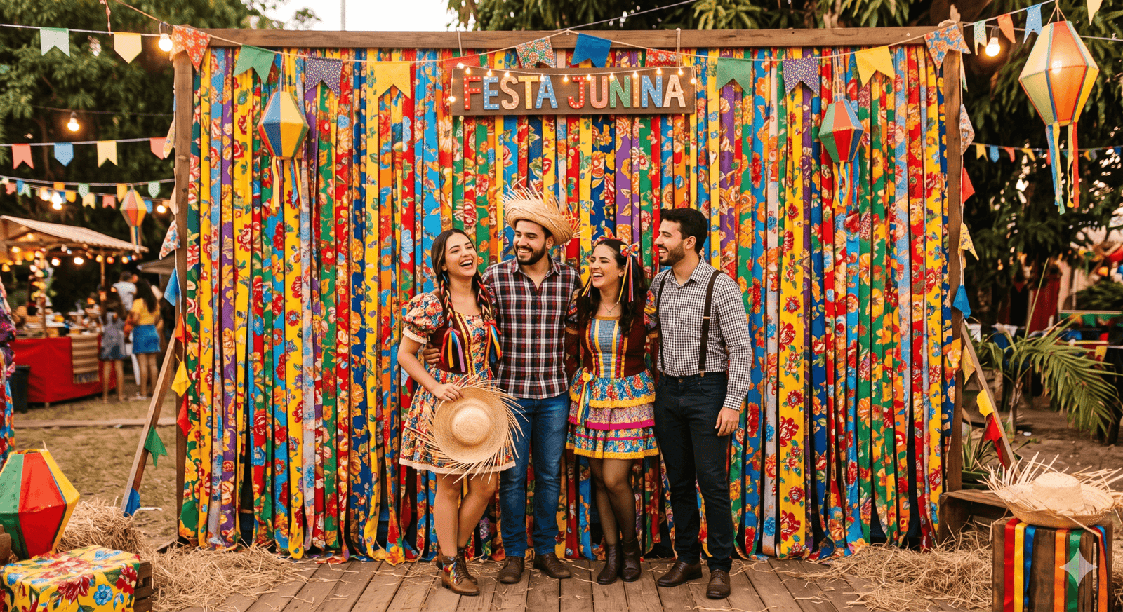 Painel formado por tiras de tecido chita colorido criando um fundo perfeito para fotos em uma festa junina.