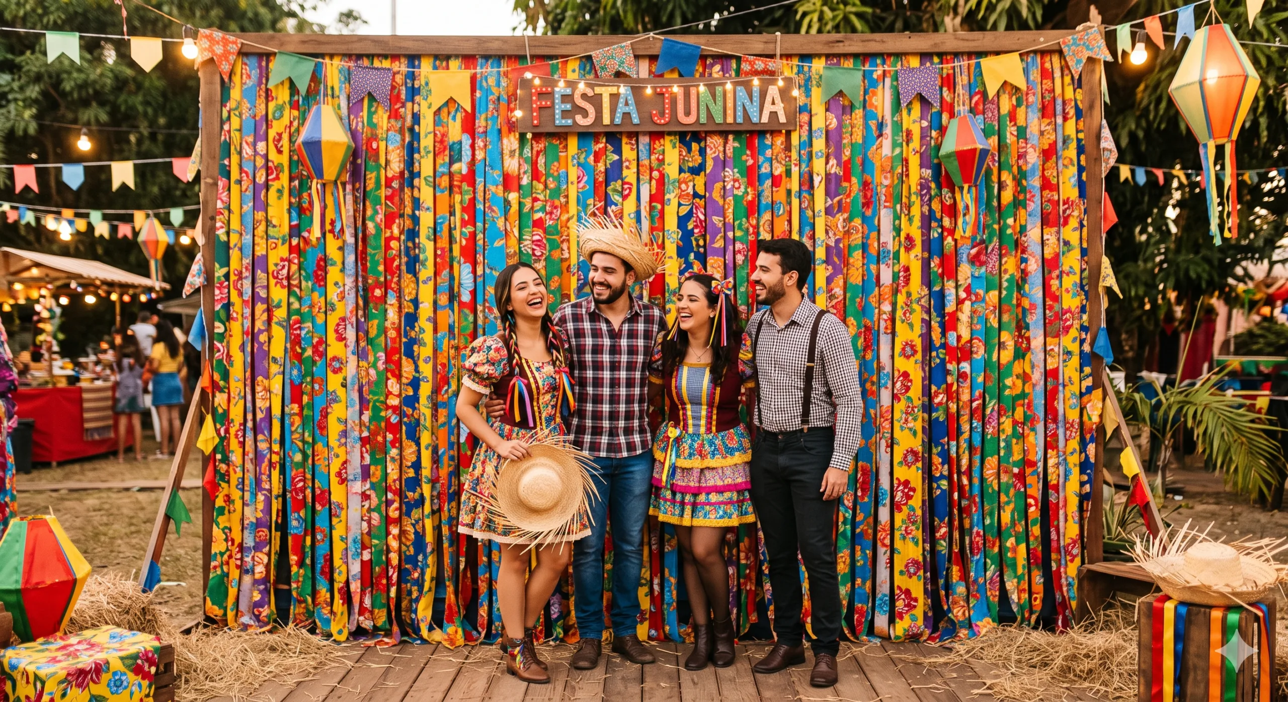 Painel formado por tiras de tecido chita colorido criando um fundo perfeito para fotos em uma festa junina.