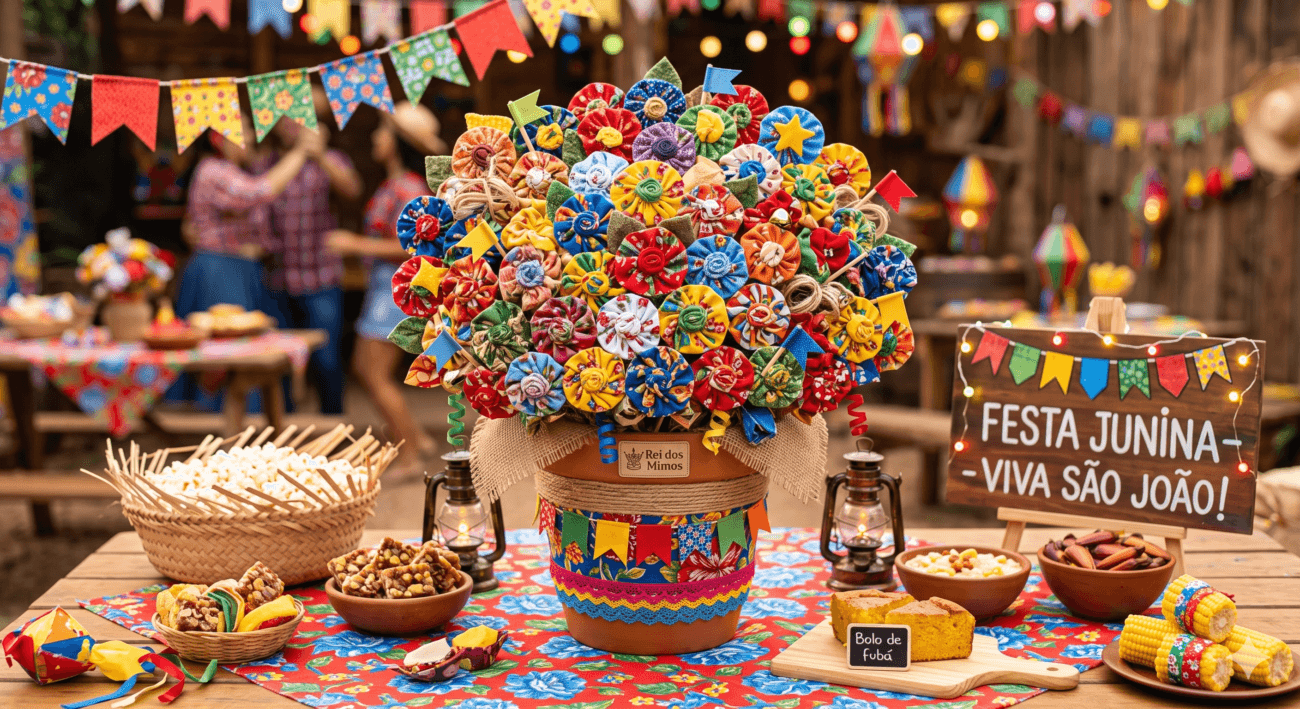 Arranjo com flores de fuxico confeccionadas em diferentes estampas de chita colorida, decorando uma mesa de festa junina.
