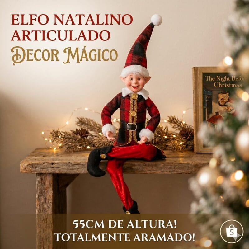 Elfo decorativo natalino na cor vermelha com acabamento em veludo, pernas flexíveis e corpo aramado, ideal para mesas, aparadores e árvores de Natal.