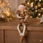 Modelo de elfo decorativo em tom champanhe com detalhes em paetês, tecido brilhante e acabamento sofisticado para decorações natalinas elegantes.