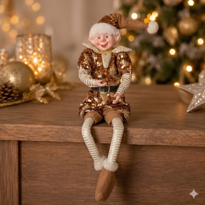 Modelo de elfo decorativo em tom champanhe com detalhes em paetês, tecido brilhante e acabamento sofisticado para decorações natalinas elegantes.