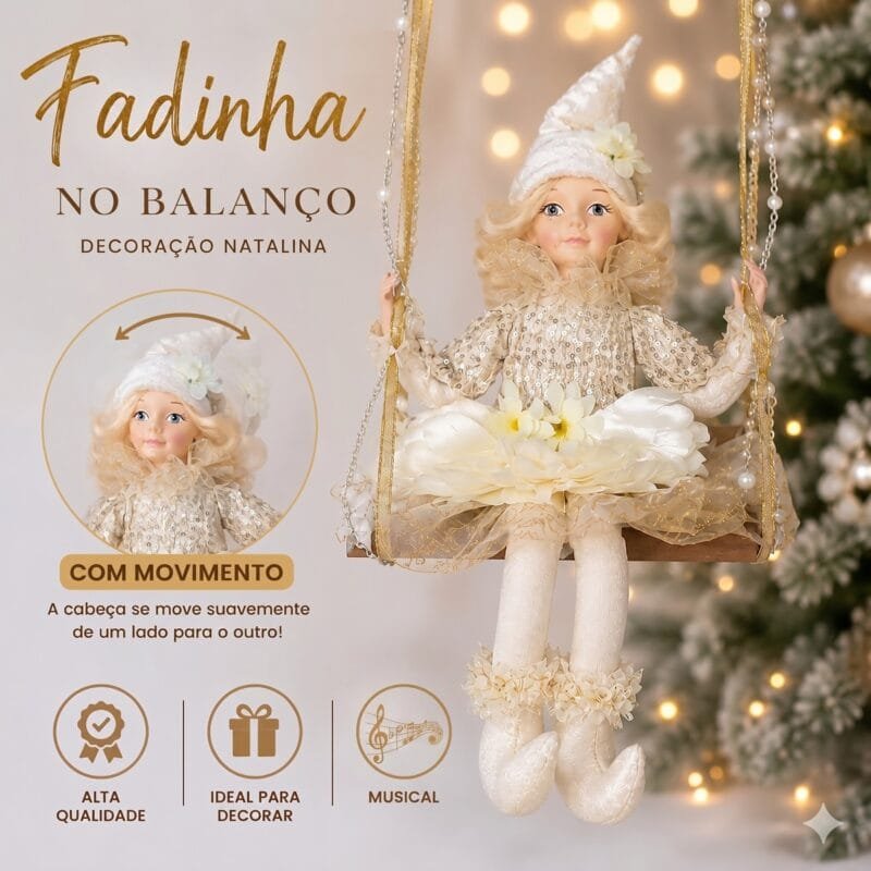 Modelo Champanhe da Fada Natalina Musical no Balanço, perfeita para árvores de Natal, vitrines e ambientes sofisticados.