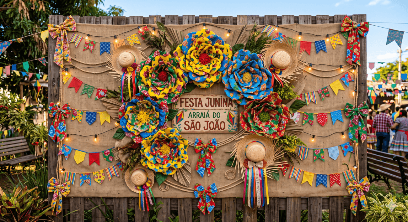 Painel decorativo para festa junina composto por grandes flores de chita, bandeirinhas coloridas, chapéus de palha e detalhes em juta.