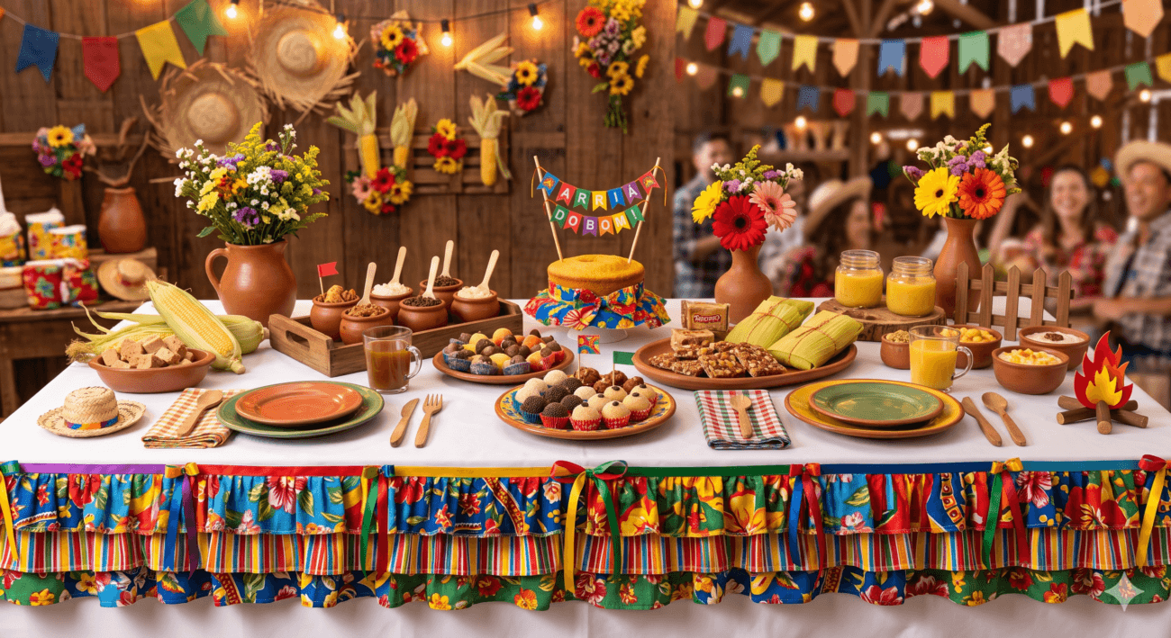 Mesa posta para festa junina com toalha branca e babados de chita colorida, acompanhada de doces típicos e decoração rústica.