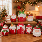 Pote Natalino de Cerâmica Papai Noel Gingerbread Ursinho e Presente para Decoração de Natal