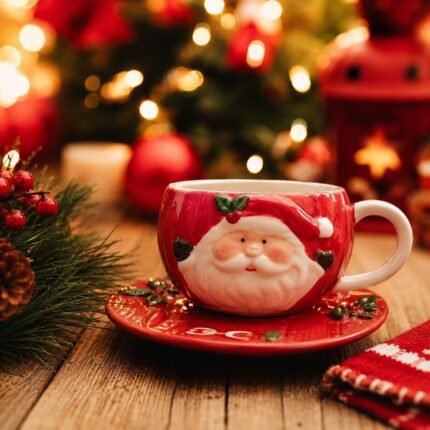 Xícara com pires em cerâmica decorados com textura de tricô e Papai Noel em alto-relevo, ideal para mesa posta de Natal.