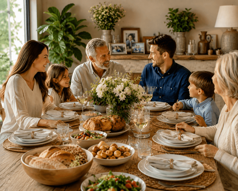 Mesa de jantar elegante com louças, flores naturais, pratos bem apresentados e toda a família reunida em um ambiente acolhedor, iluminado pela luz natural.