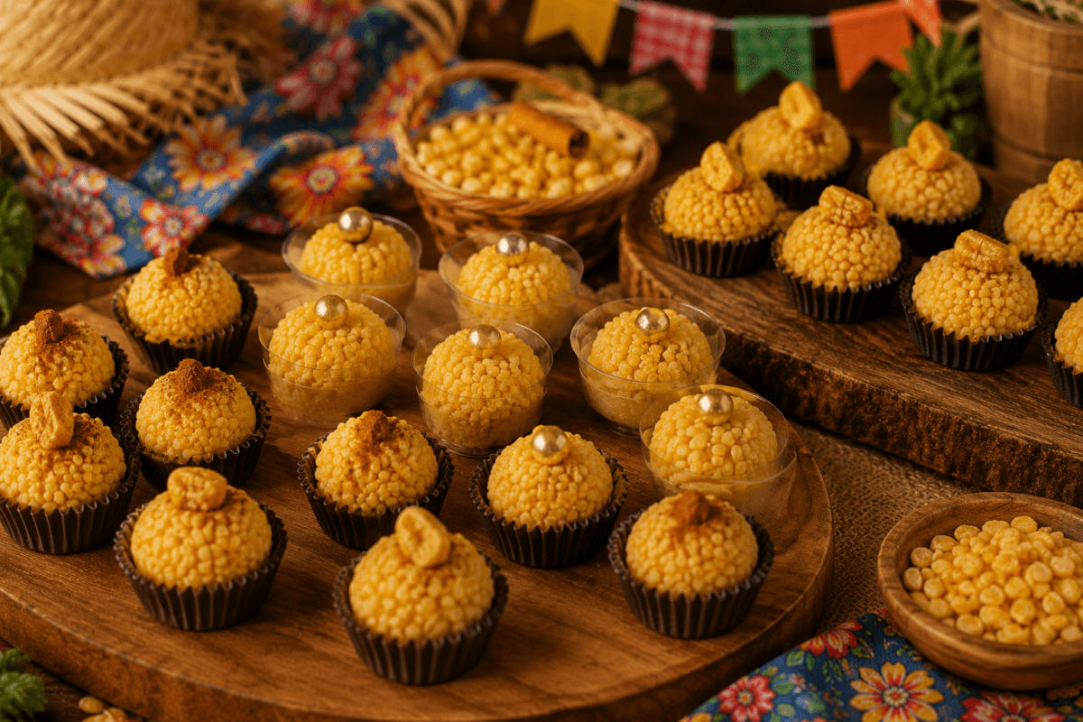 Brigadeiros de milho verde enrolados e em copinhos, decorados com milho liofilizado, canela e confeitos dourados sobre bandejas de madeira.