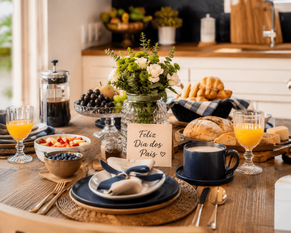 Mesa posta elegante com café, frutas, pães artesanais, flores e um cartão escrito "Feliz Dia dos Pais", em uma cozinha iluminada. Fotografia profissional estilo Pinterest.