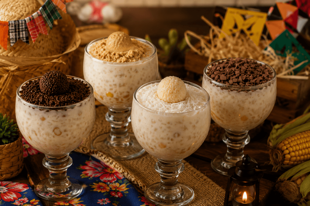 Taças de canjica cremosa decoradas com brigadeiro tradicional, beijinho, brigadeiro de paçoca e raspas de chocolate, servidas sobre uma mesa rústica decorada para festa junina