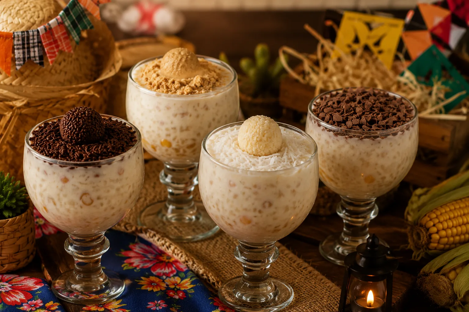 Taças de canjica cremosa decoradas com brigadeiro tradicional, beijinho, brigadeiro de paçoca e raspas de chocolate, servidas sobre uma mesa rústica decorada para festa junina