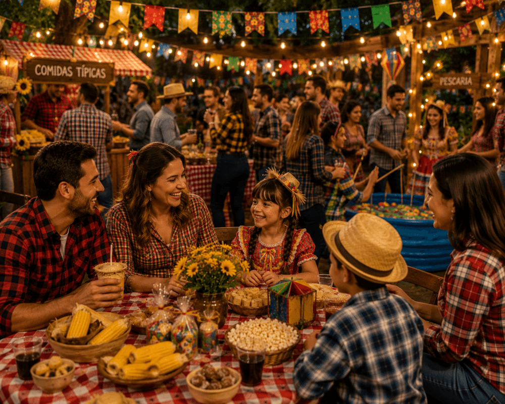 Famílias e amigos reunidos em um arraial elegante, participando de brincadeiras, conversando e saboreando comidas típicas em um ambiente acolhedor, iluminado por luz natural.