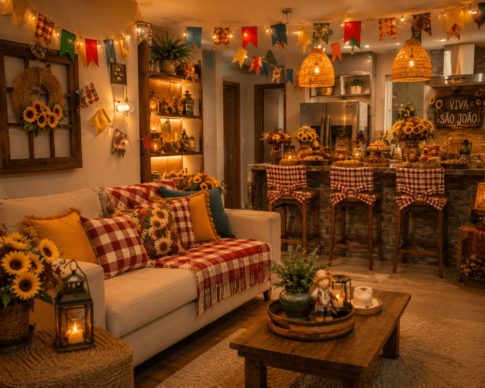 Apartamento decorado para uma festa junina familiar