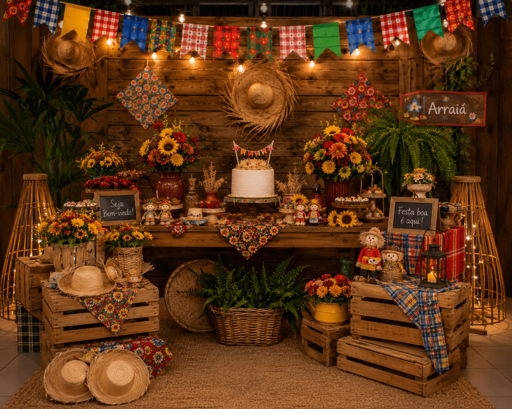 Ambiente decorado com bandeirinhas, chapéus de palha, flores de chita, caixotes de madeira, iluminação com cordões de luz e uma mesa temática perfeitamente harmonizada.