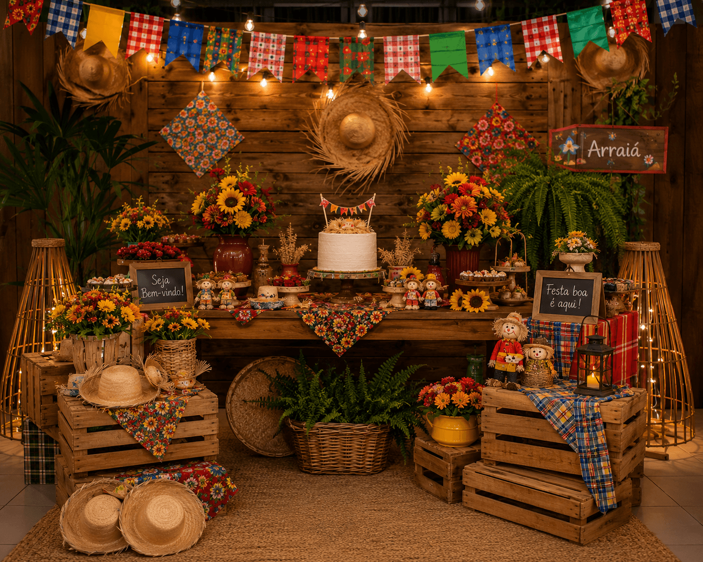 Ambiente decorado com bandeirinhas, chapéus de palha, flores de chita, caixotes de madeira, iluminação com cordões de luz e uma mesa temática perfeitamente harmonizada.