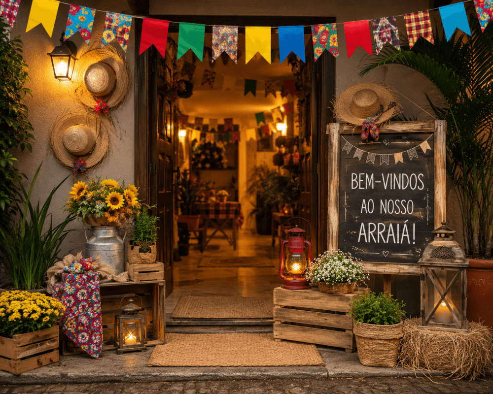 Entrada decorada com bandeirinhas coloridas, chapéus de palha, caixotes de madeira, lanternas e um letreiro de boas-vindas em estilo rústico.