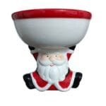 Papai Noel em cerâmica segurando uma tigela acima da cabeça, perfeito para bombons, biscoitos e decoração de Natal.