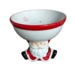 Papai Noel em cerâmica segurando uma tigela acima da cabeça, perfeito para bombons, biscoitos e decoração de Natal.