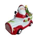 Carrinho do Papai Noel em cerâmica com tampa removível, ideal para armazenar doces, chocolates e pequenos itens natalinos.