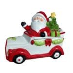 Carrinho do Papai Noel em cerâmica com tampa removível, ideal para armazenar doces, chocolates e pequenos itens natalinos.